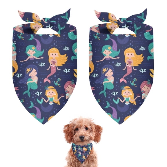 Dog Bandana 2 Pack,Dark Blue Mermaid Princess Pattern Bandanas for Dogs,Cat Bandana,Small/ Large Dog Bandana 2 Size,Dog Bandanas