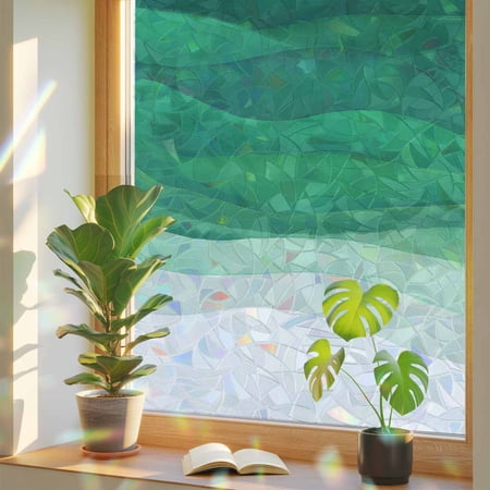 Window Privacy Film Green Ocean Waves Stained Glass Window Film Gradient Abstract Art Rainbow Static Window Clings for Glass Windows Home Bathroom Living Room Office Glass Door Sticker 17.7 39.3