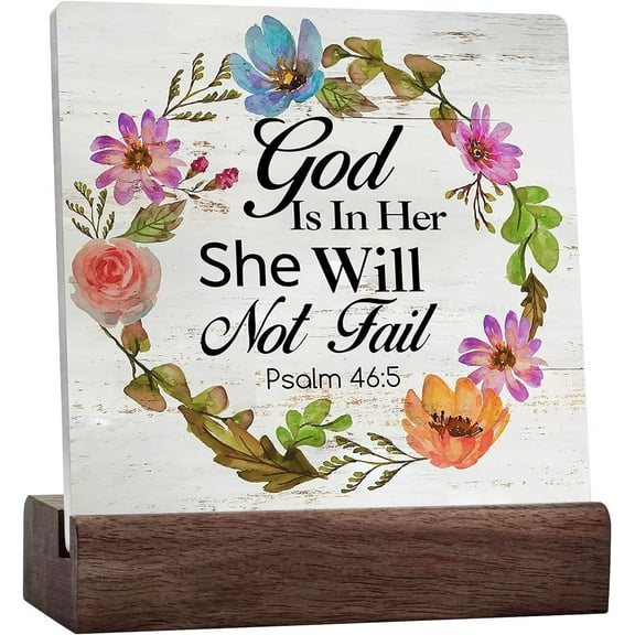 Bible Verse Psalms 46:5 Ceramic Table Sign Rustic God is in Her She Will Not Fail Scripture Wooden Box Sign Christian Home Office Desk Shelf Decor