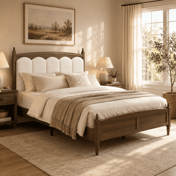Miniyam Queen Size Farmhouse Engineered Wood Platform Bed Frame with Upholstered Headboard, Brown