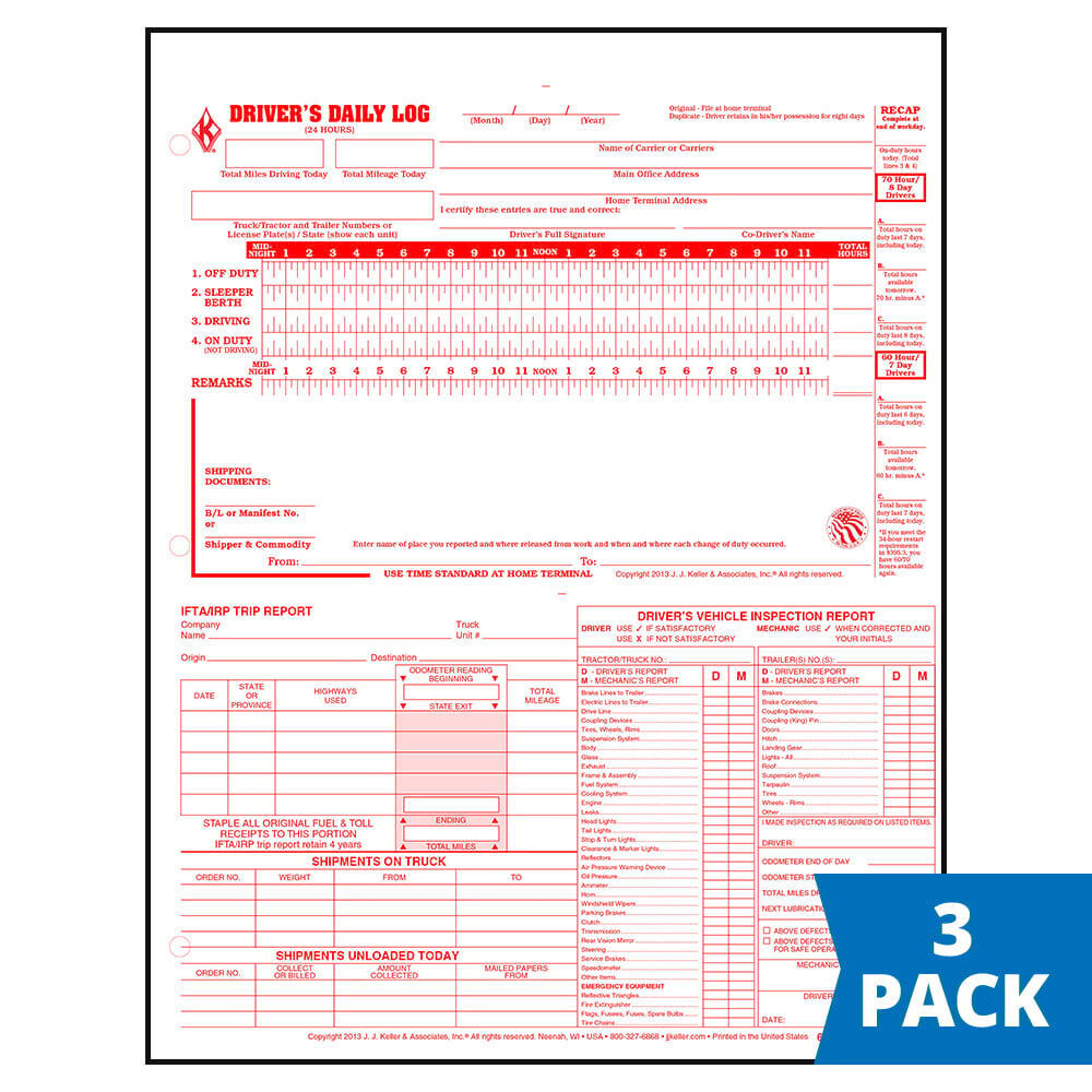 5-In-1 Driver Daily Log 3-pk. (Detailed DVIR, Daily Recap, Shipment Records & Trip Report) - J. J. Keller & Associates