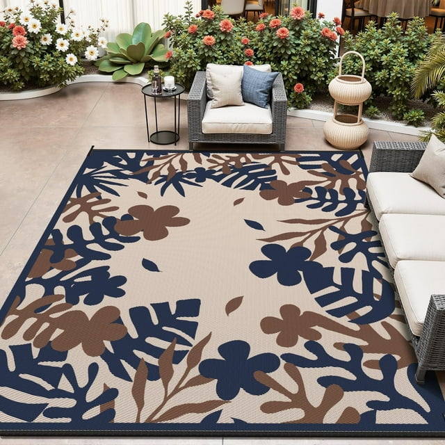 Outdoor Rug 8x10 ft Outdoor Carpet Camping Mat-Modern Floral & Leaf Rugs Reversible Mat Plastic Straw Rugs for Patio Camping RV Porch Balcony Backyard Picnic Deck Beach Beige&Dark Blue