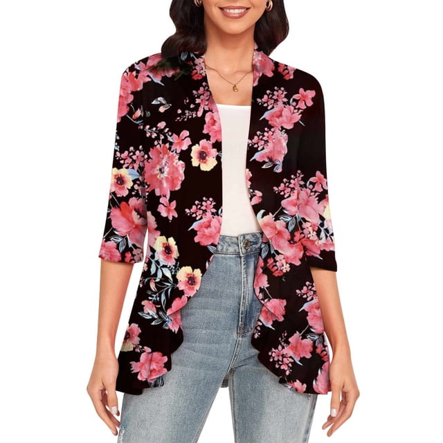 TIMIFIS Cache-Maillots pour Femmes Grande Taille Kimono à Imprimé Floral Cardigan Décontracté Manches Courtes Hauts Femme Coupe Ample Cache-Maillots-Rouge-1-Lfall