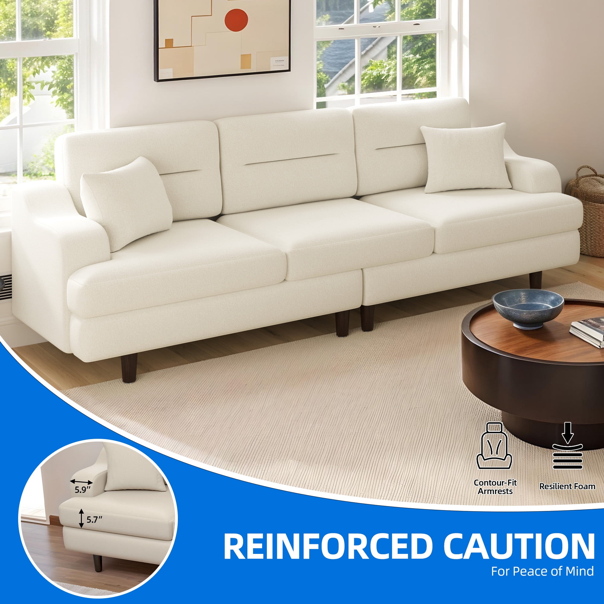 Uforic 3 Seater Sofa Couch, Deep Seats Comfy Sectional Sofa with Armrest for Living Room, Home Office, Beige