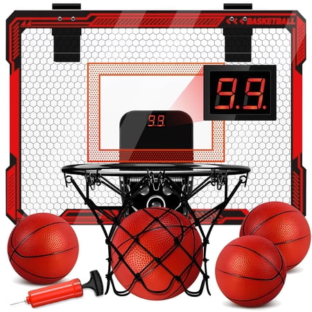 Indoor Basketball Hoop For Over The Door Mini With Led Light & Scoreboard - Easy Install Safe Doors Birthday 5 6 7 8 9 10+ Year Old (red)