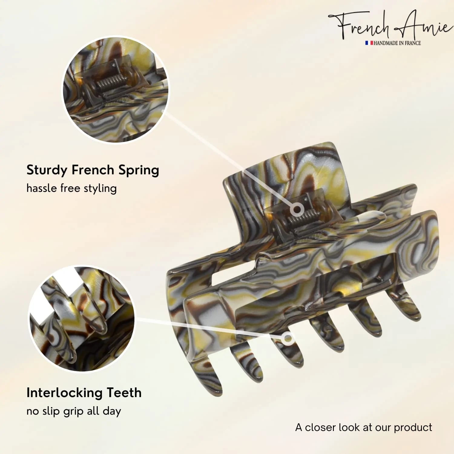 French Amie Geo Medium 3 1/4" Celluloid Handmade Jaw Hair Claw Clip for Women