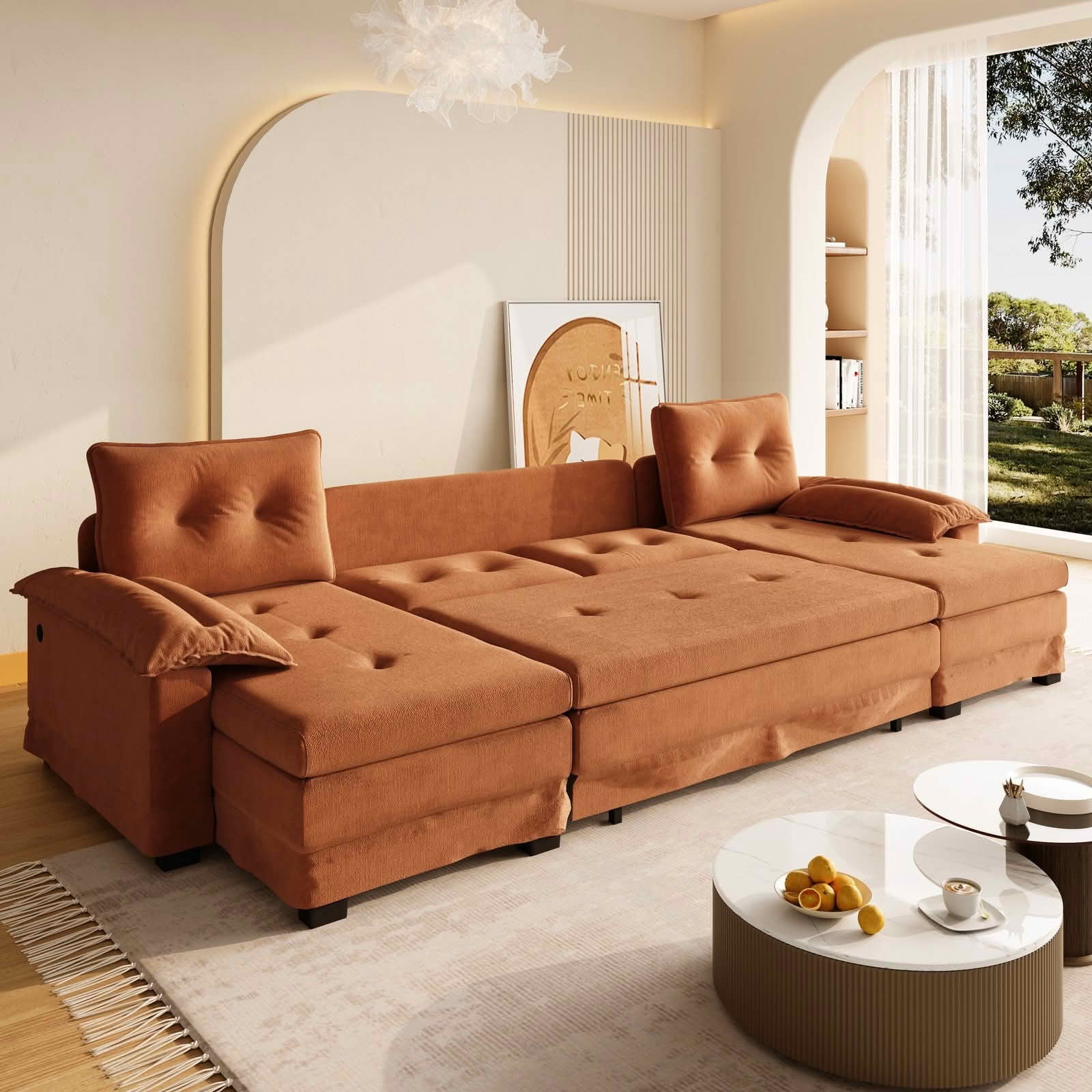 MAYEERTY 109.5" U‑Shaped Pull‑Out Sleeper Sofa, 2‑in‑1 Convertible Modular Sectional with Removable Armrests, USB Ports, Chaise Lounge, 4 Pillows Included