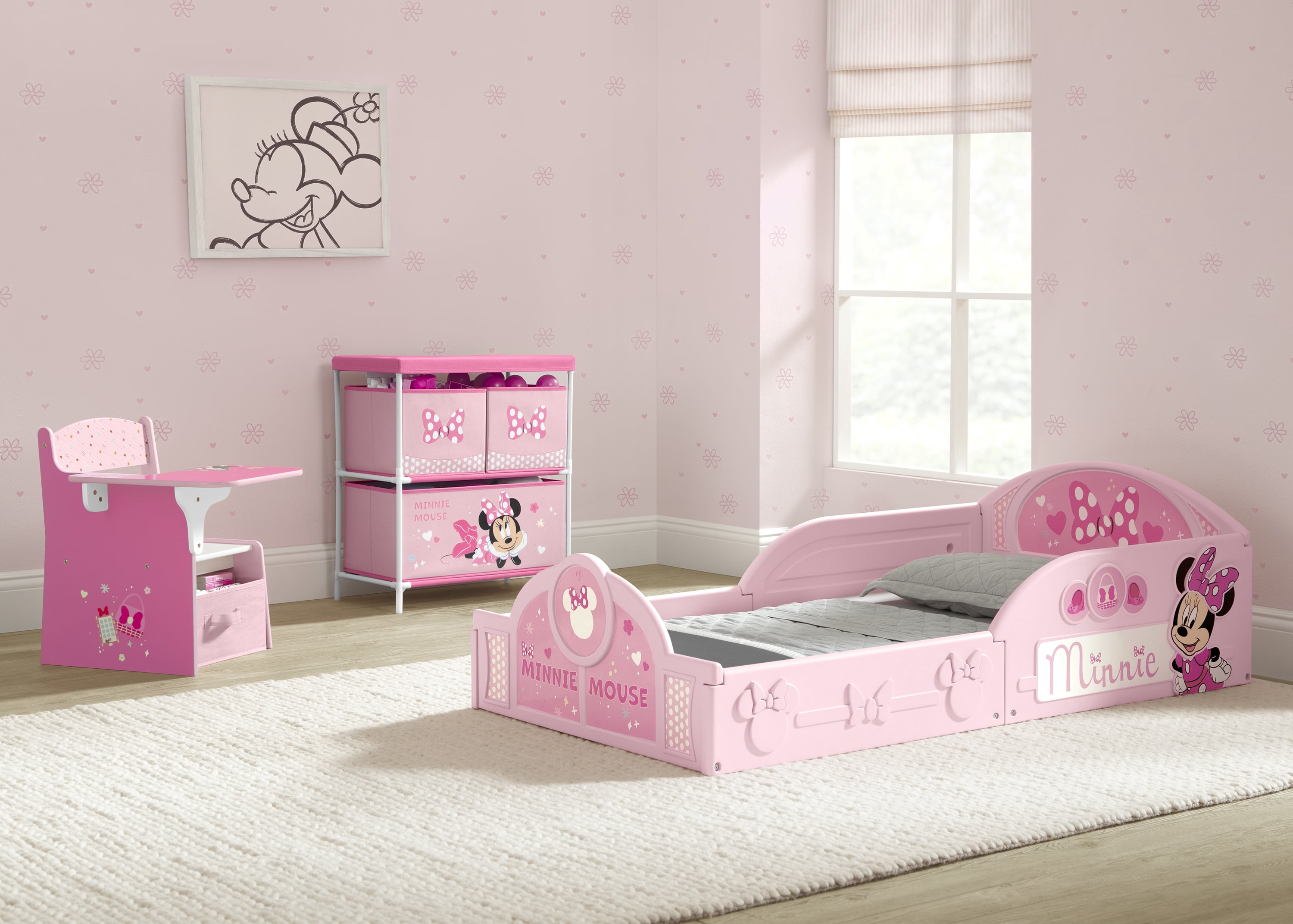 Minnie Mouse 3-Piece Toddler Bedroom Set by Delta Children - Includes Toddler Bed, Chair Desk and Toy Organizer, Pink