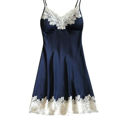 Rbaofujie Women s Dress Clearance Summer Satin Sleepwear Women Ladies Nightwear Nightdress Lingerie with Chest Pads Blue XXL