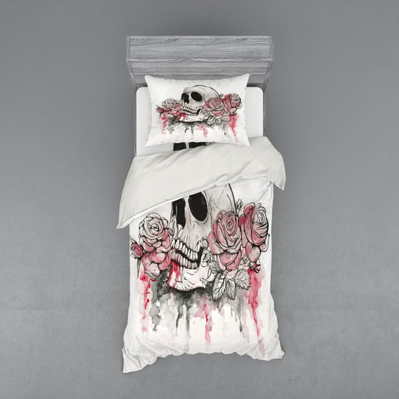 Ambesonne Romantic Bedding Set 3 Pcs, Skull Head Roses, Twin, White Pale Pink Black