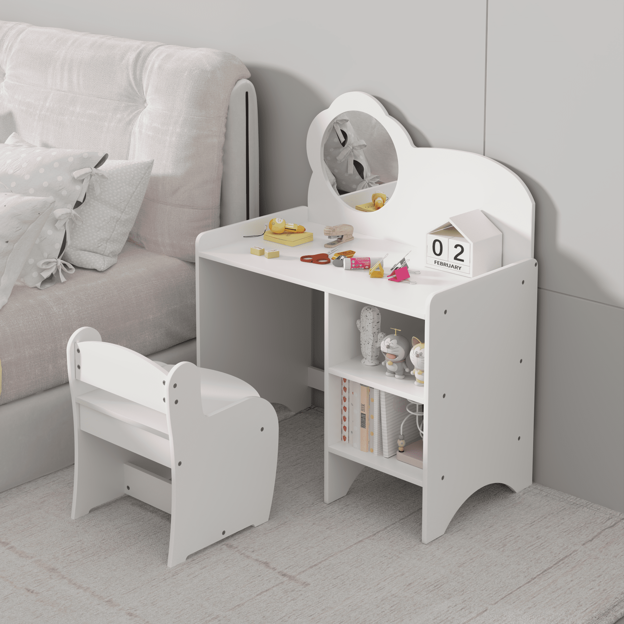 Kids Vanity Table with Mirror,Wooden Dressing Makeup Desk with Storage Shelves with Chair,Study Table for Bedroom,White