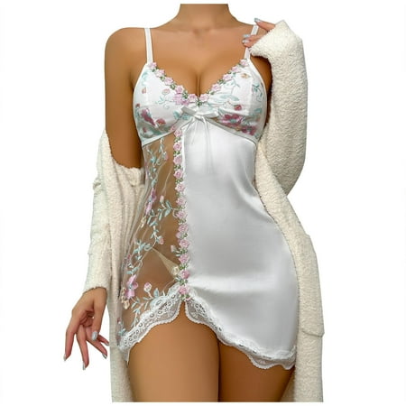 Women Babydoll Lingerie Dress Floral Sheer Mesh Patchwork Sexy Sleep Chemise V Neck Camisole Lace Trim Nightgown