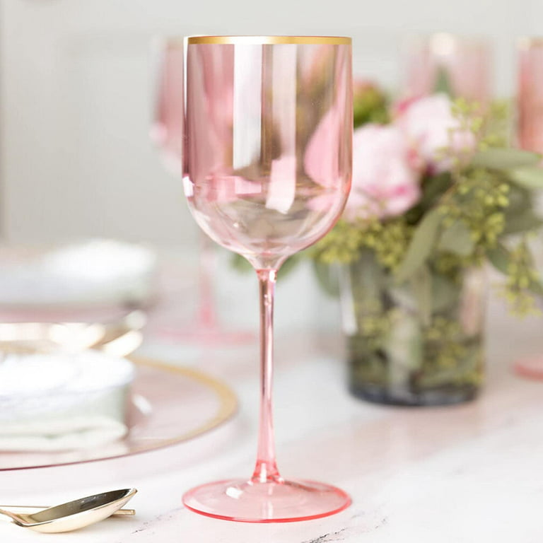 25 PACK) EcoQuality Translucent Plastic Pink Wine Glasses with Gold Rim -  12 oz Wine Cups with Stem, Disposable Shatterproof Wine Goblets, Reusable,  Elegant Drink Cup Tumblers Weddings, Party 