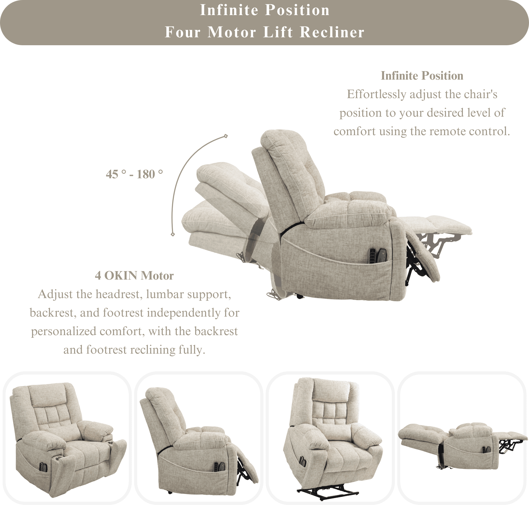 JUUXO 4-Motor Power Lift Chair with Heat & Massage - Power Adjustable Headrest, Backrest, Lumbar & Footrest - 27-inch Wide Seat Lay Flat Recliner with Cup Holders - Big Tall 400 lbs