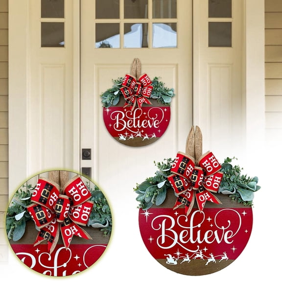Halloween Christmas Farmhouse Wreath Sign ,Rustic Round Wood Door Hanger With Plaid Bow, Year-Round Porch & Wall Decor Red