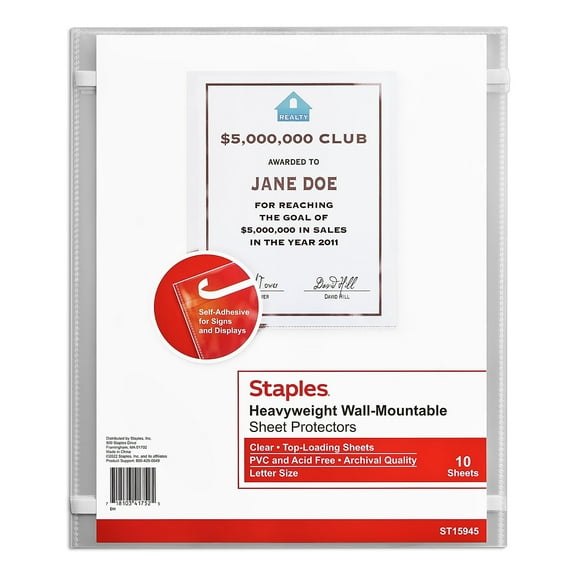 Staples Diamond Clear Wall-Mountable Display Protectors Clear Letter 10/PK 15945