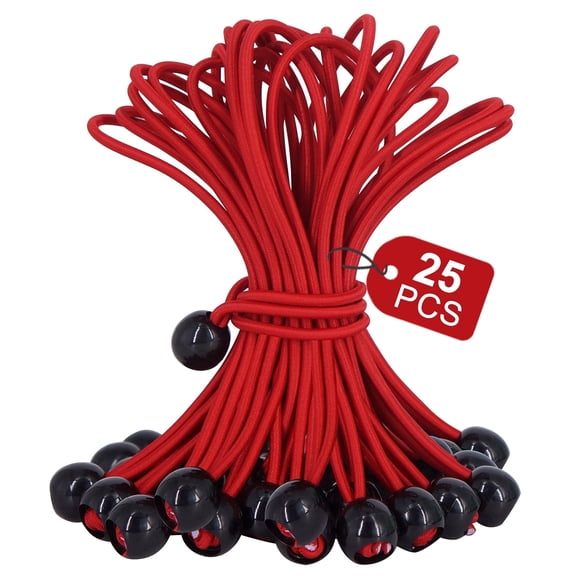 YOLETO 25 Pack Ball Bungee Cord,6 Inch Heavy Duty Outdoor Bungee Cords, Tarp Tie-Down for Camping, Shelter ,Cargo,Tent Poles UV Resistant(Red)