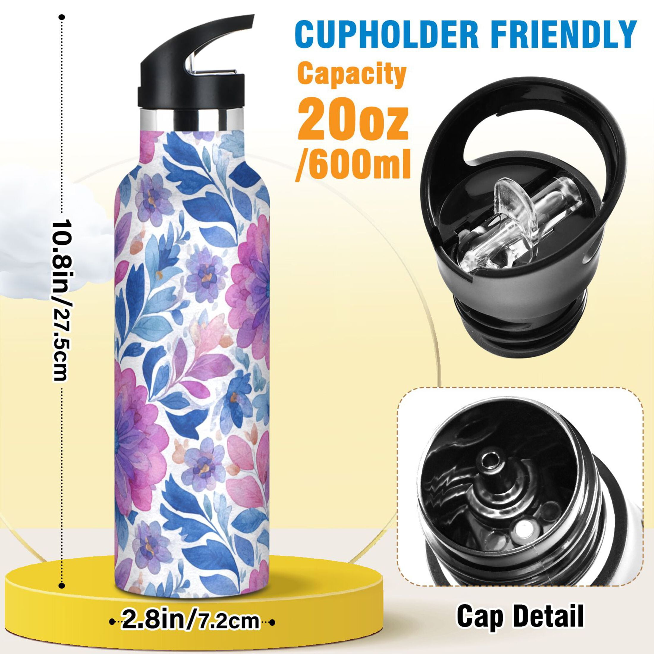 600ML Stainless Steel Insulated Cup Sports Water Bottle Portable Thermos Cup Water Glasses Insulated Tumblers Convenient and Durable Purple Watercolor Leaves