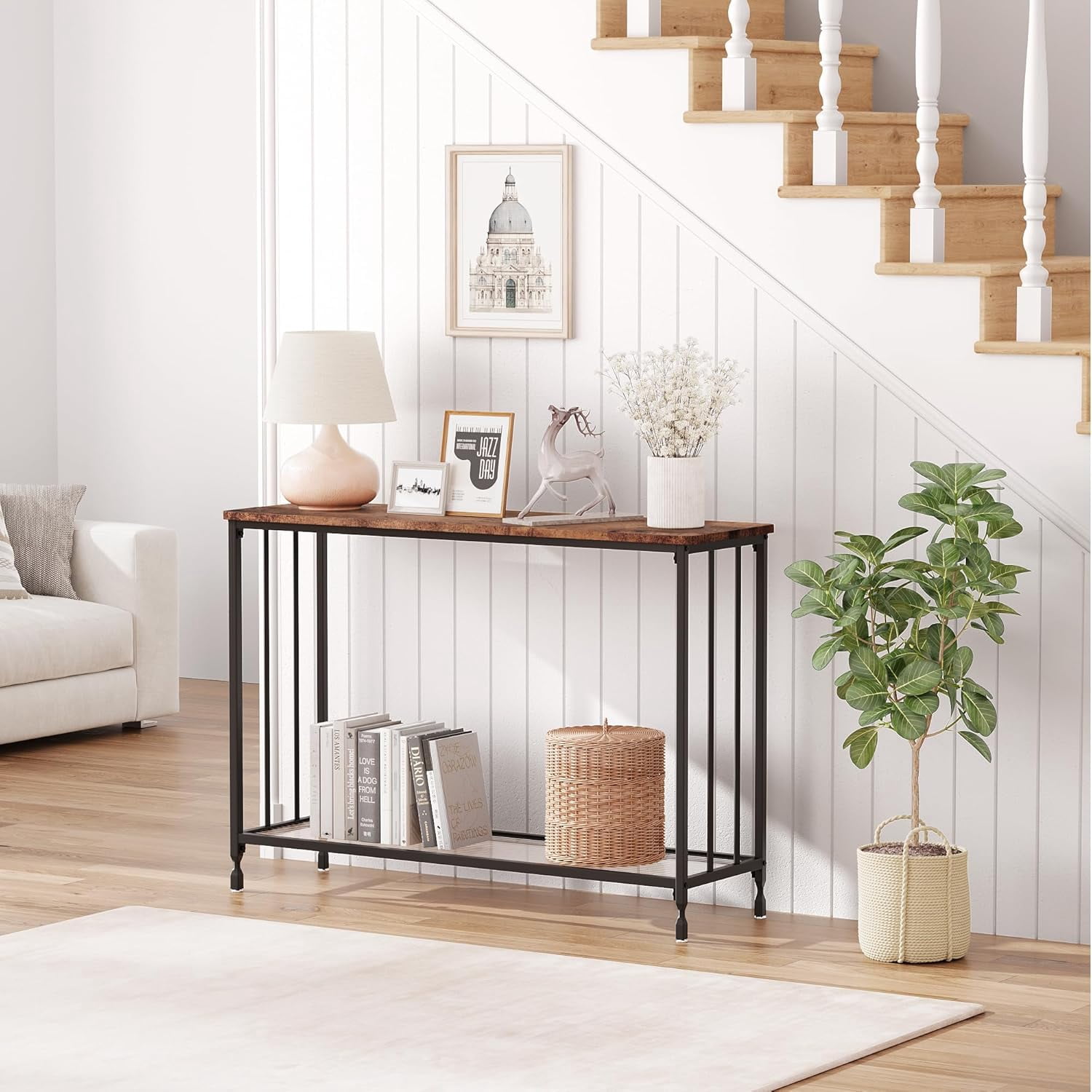 Console Table Small Entryway Table Narrow Sofa Table with Glass Storage Shelves, 2 Tier Accent Couch Table Hallway Side Table for Entry Way Living Bedroom Home Office Small Space, Brown