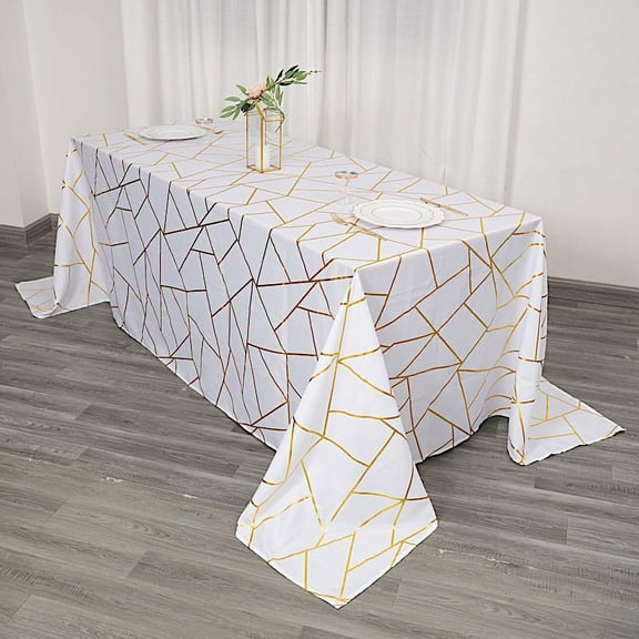 BalsaCircle 90" x 132" White Gold Metallic Geometric Design Polyester Rectangle Tablecloth Event