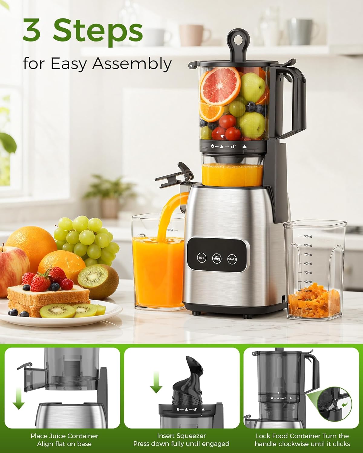 WAA Cold Press Juicer 5.4" Large Feed Chute,Slow Masticating,High Yield,Self Feeding & Easy to Clean​