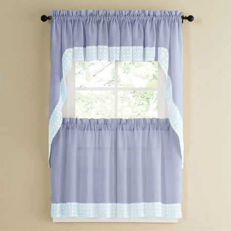 Salem Kitchen Window Curtain 24" Tiers Swags & Valance Set Blue w/ Lace