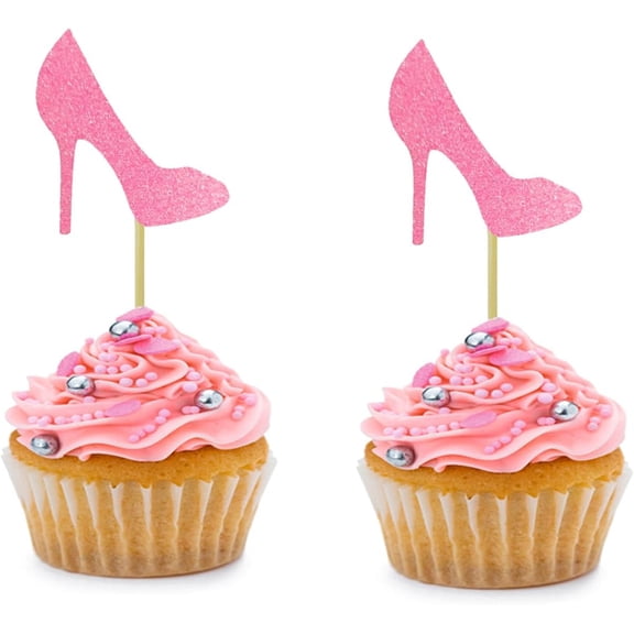 12pcs Pink High Heels Cupcake Toppers Glitter for Birthday Party Wedding Engagement Bridal Shower Party Stiletto Theme Single Party Cake Decorations Supplies Picks