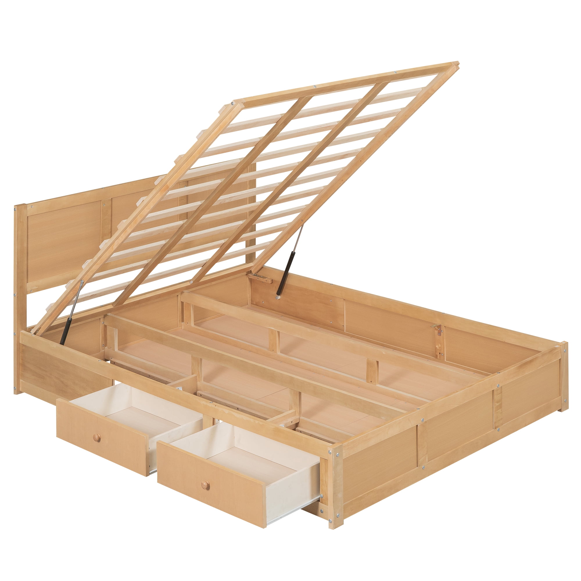 Euroco Queen Size Lift up, Wood Platform Bed Frame with Drawers, Hydraulic Storage System for Adults, Wood Color