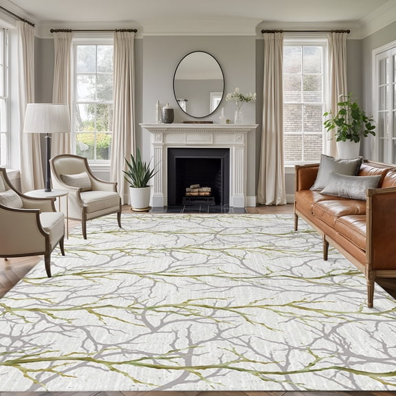 Yellow Grey Branches 5'x7' Area Rug, Pastoral Botanical Washable Non-Slip Soft Rugs, Low-Pile Large Carpet for Living Room Bedroom Dining Room, Non-Shedding Accent Rug