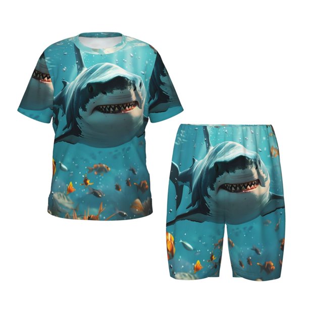 Balery Realistic Ocean Shark Conjunto de Pijama Infantil de Manga Corta con Estampado – Ropa de Dormir de Algodón Suave-Medium
