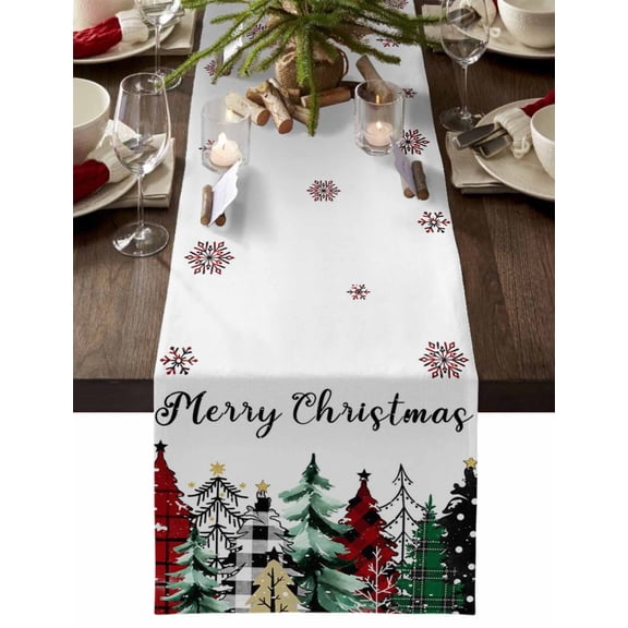 Christmas Table Runner Buffalo Plaid Xmas Tree Table Runners Forest Snowflakes Cotton Linen Dresser Scarf Kitchen Dining Table Decor for Christmas Holiday Party Decor 13x36 Inch