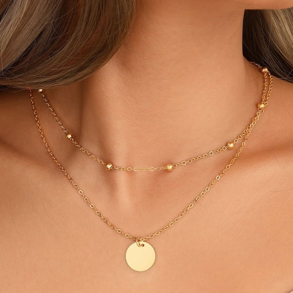 New Women's Necklaces Double-layers Gold Color Short Chain Round Piece Pendants Clavicular Chain