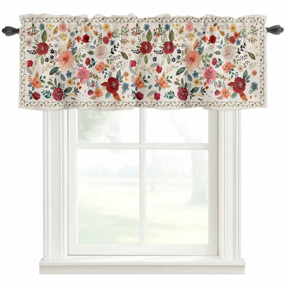 Watercolor Flowers Farmhouse Short Window Curtain Valances, Rustic Spring Floral Botanical Beige Rod Pocket Kitchen Valances for Living Room Bedroom Bathroom Cafe 42" x 18"