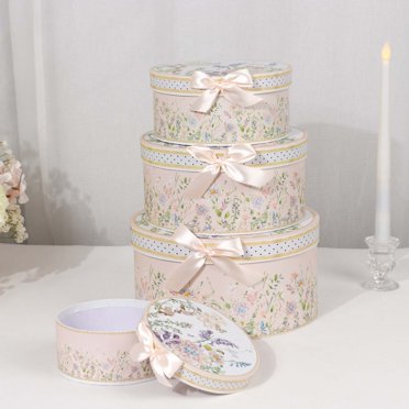 Efavormart Set of 4 Blush Floral Nesting Gift Boxes With Lids, Round Stackable Heavy Duty Cardstock Keepsake Boxes, Cupcake Dessert Display Stand - 5",7",8",9"