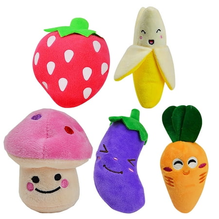 5pcs Squeaky Dog Toys for Small Dogs Fruits and Vegetables Plush Puppy Dog Toys (Carrot & Banana & Eggplant & Strawberry & Mushroom)