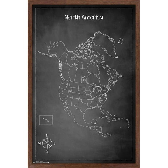 Chalk Map - North America Wall Poster, 14.725" x 22.375", Framed