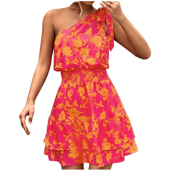 Wycnly Dresses for Women Fashion Elastic Waist Ruffle Layer Hem One Shoulder Mini Dresses Slash Neck Sleeveless Floral Print Summer Short Formal Dress Orange XL