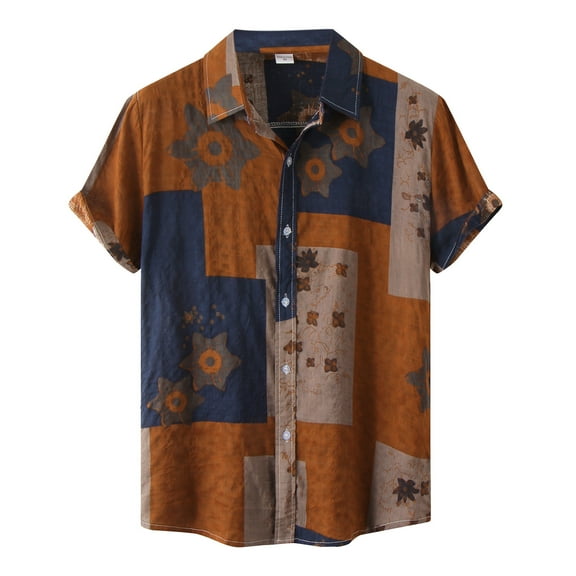 Hpapadks Casual Shirts for Men Casual Hawaii Floral Print Blouse Short Sleeve Lapel Buttons Mens Dress Shirt Brown L