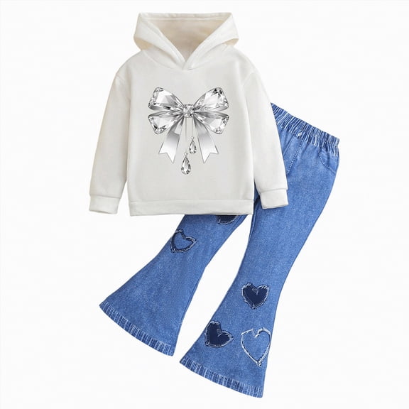 mgoYE Toddler Girls Clothes 6T Girls 2 Piece Outfits Long Sleeve Butterfly Sweatshirt & Flared Pants Fall Clothing Set(White,5-6 Years)