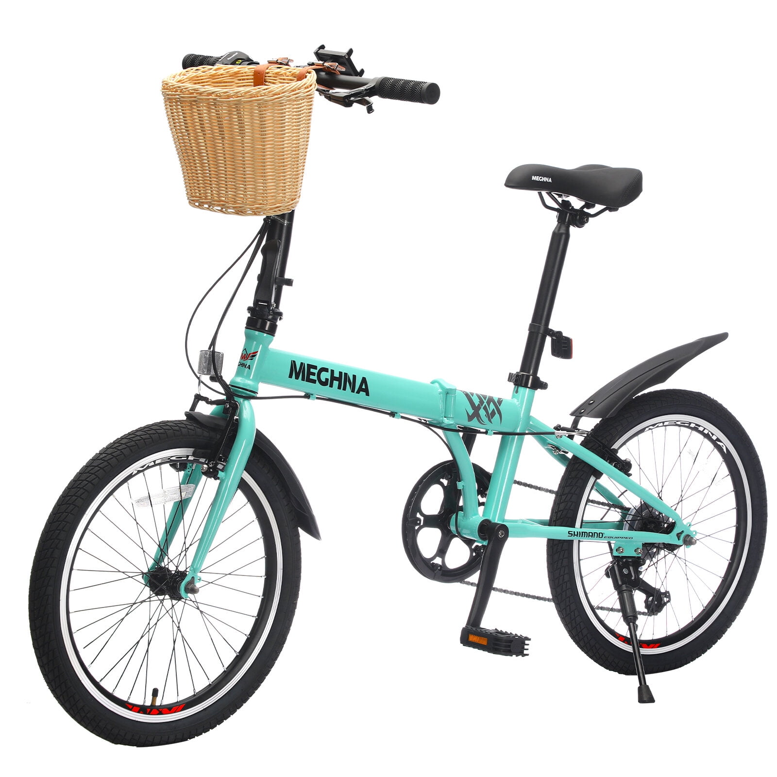 Mountain Bikes 20 Inch Folding Bike for Adults with Basket, Phone Holder & Fenders, Steel Frame 6-Speed City Commuter, Dual V-Brake Portable Compact Bicycle for Men & Women,Road Bikes