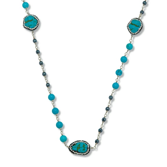 Genuine Turquoise and Crystal Silvertone Beaded Drop Necklace 36-inch