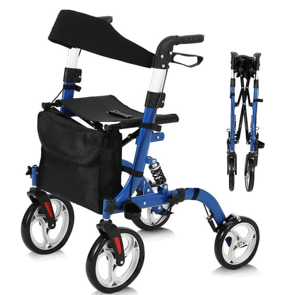 All Terrain Walkers for Seniors, Rollator Walker with Seat, Shock Absorber, 12 in Rubber Wheels Foldable Lightweight Aluminum Walkers with Backrest, Adjustable Height for Elderly
