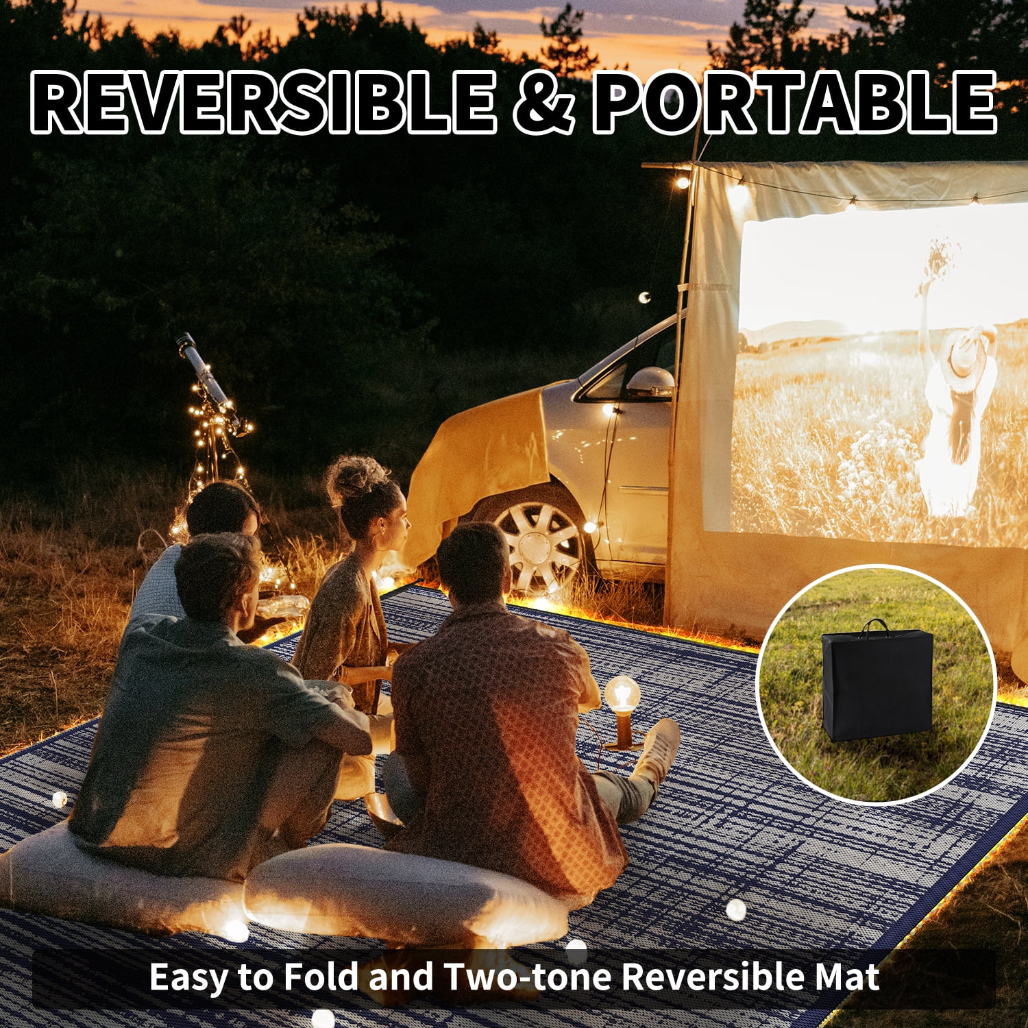 VUNATE Outdoor Rug with LED Strip Lights 8'x10' Waterproof Reversible Patio Rug Plastic Straw Lightweight Indoor Outdoor Rug for RV Camping Deck Balcony Boho Porch Decor Dark Blue and Gray