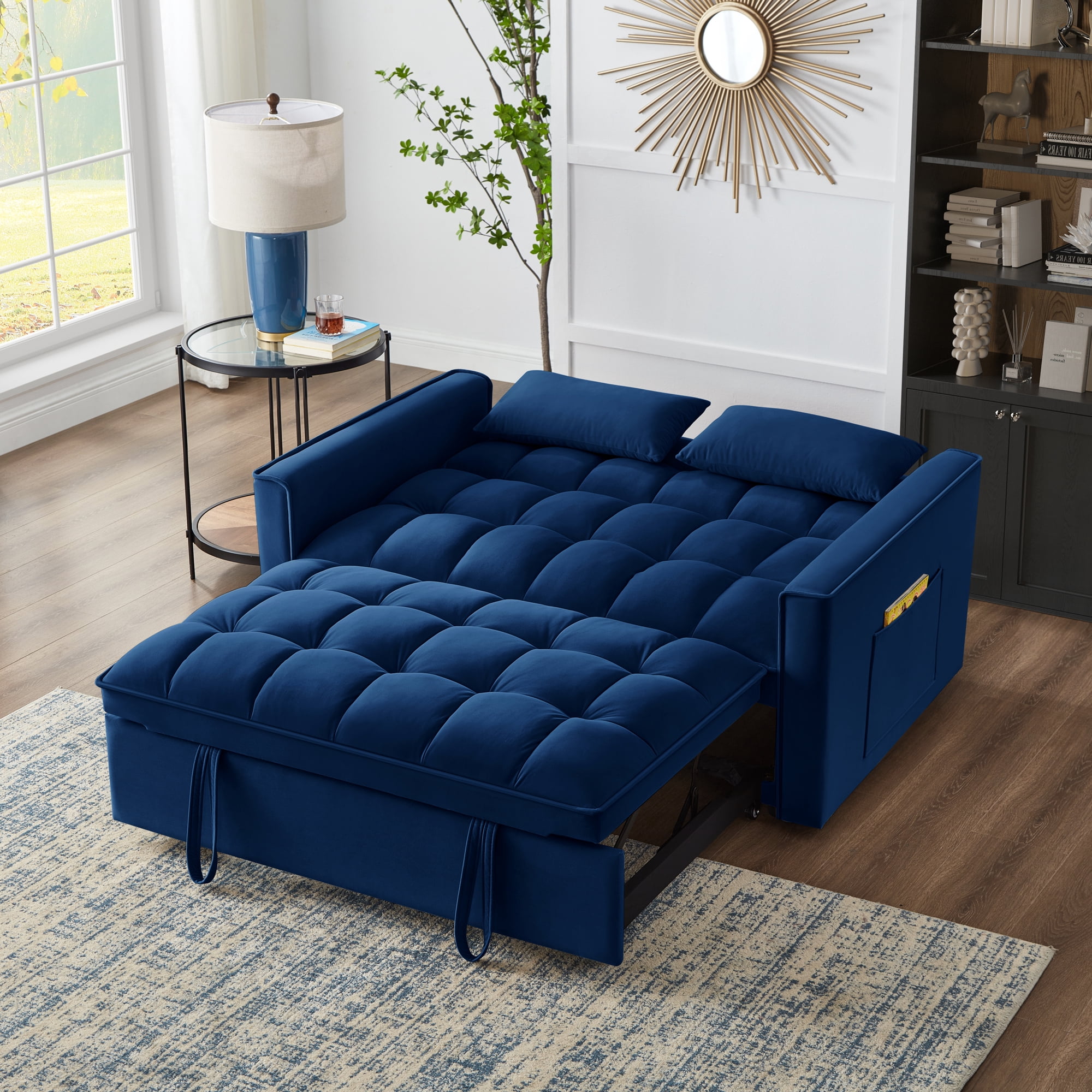 3 in 1 Convertible Sleeper Sofa Bed, 53" Modern Convertible Sofa Bed with 2 Detachable Arm Pockets,Velvet Pull Out Couch with Pull Out Bed for Living Room Furniture,Navy