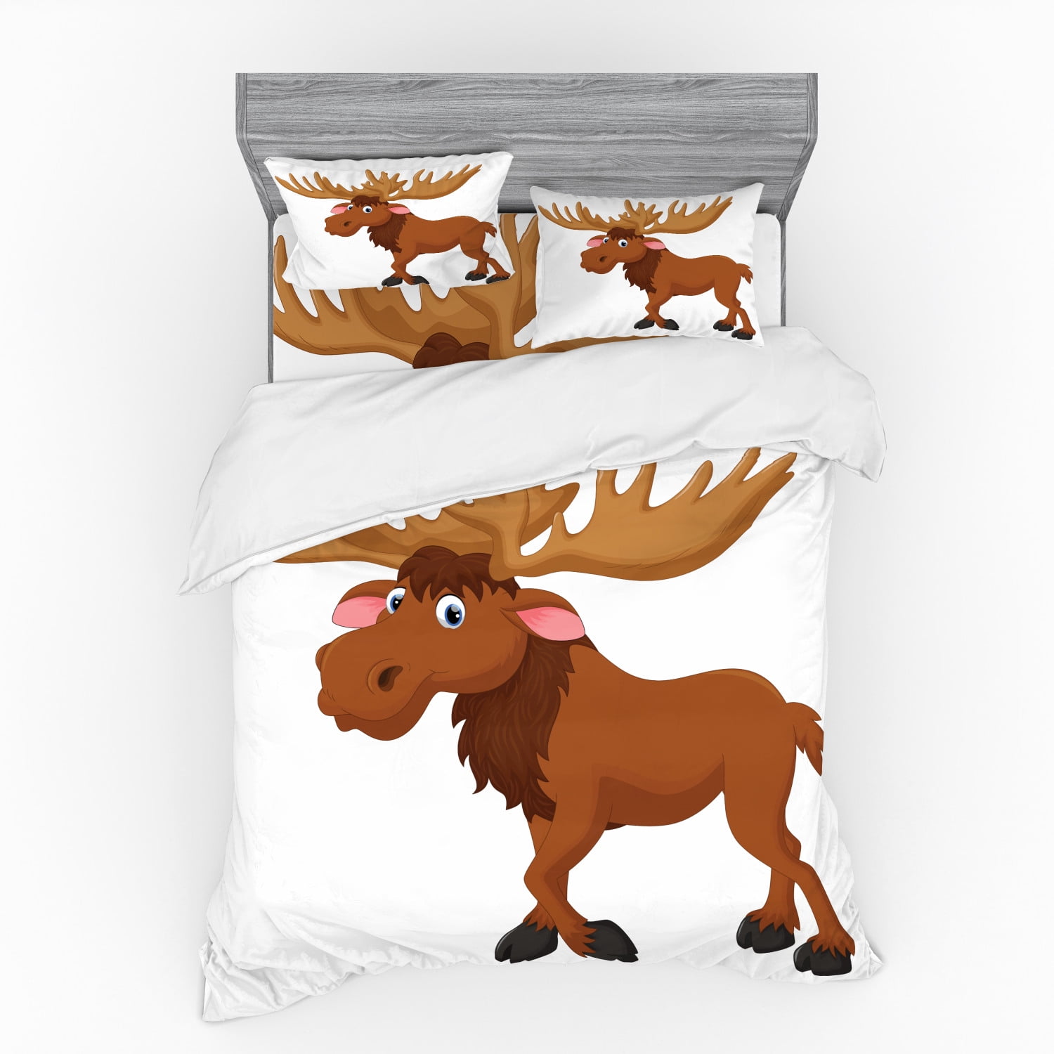 Cartoon Duvet Cover Set, Funny Moose or Elk Standing and Smiling