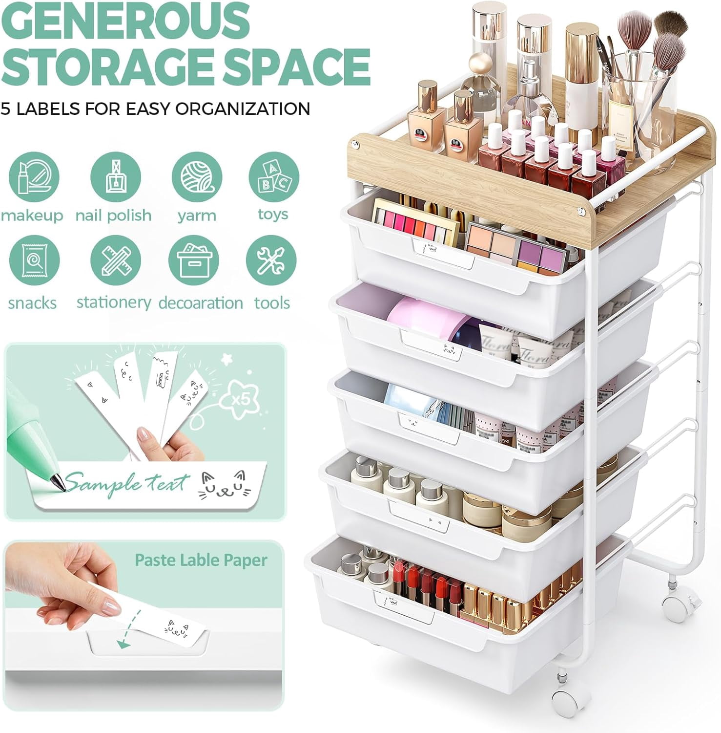 Plastic Drawer Organizer with Wooden Top, 5-Drawer Rolling Cart for Crafts and Office Storage