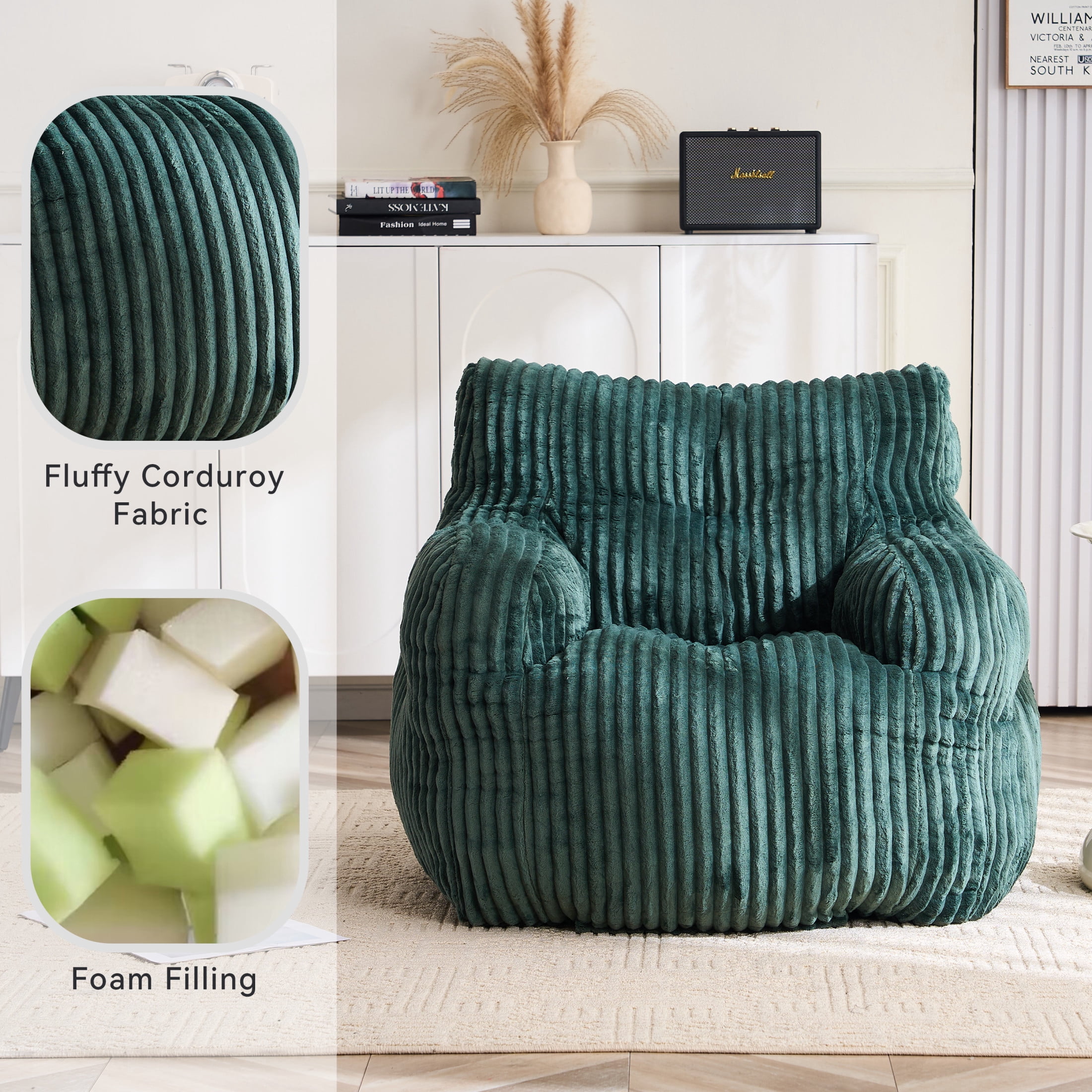 Noble House Solley 39" Fluffy Corduroy Bean Bag Chair, Memory Sponge Floor Lounger Accent Seat for Living Room, Green