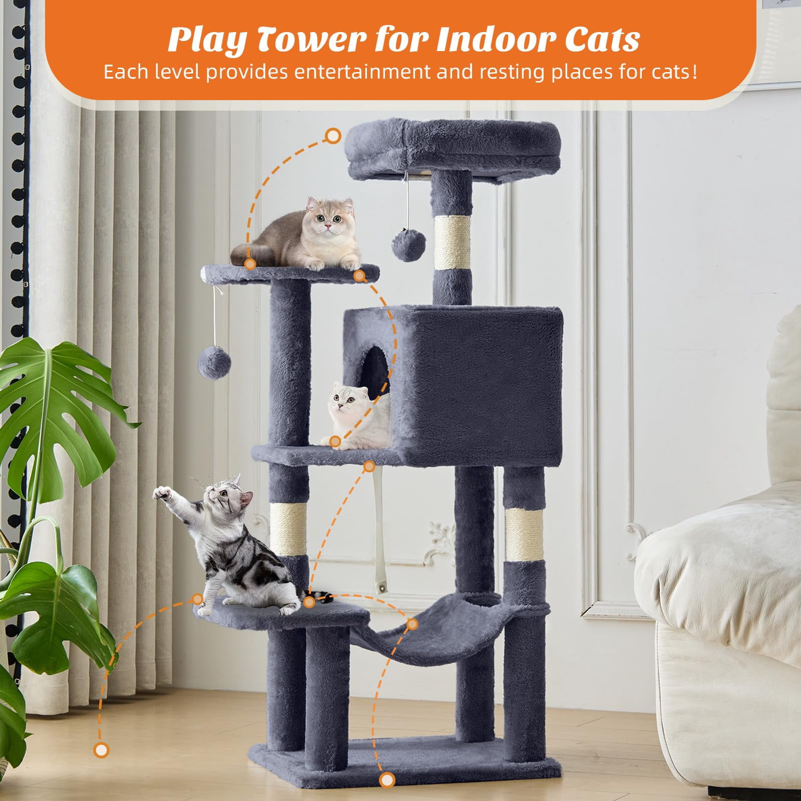 Atilioo 44 inch Cat Tree, Multi-Level Indoor Cat Tower with Condo, Hammock, Sisal Scratching Posts, Anti-Tip Bolts for Indoor Cats, Gray