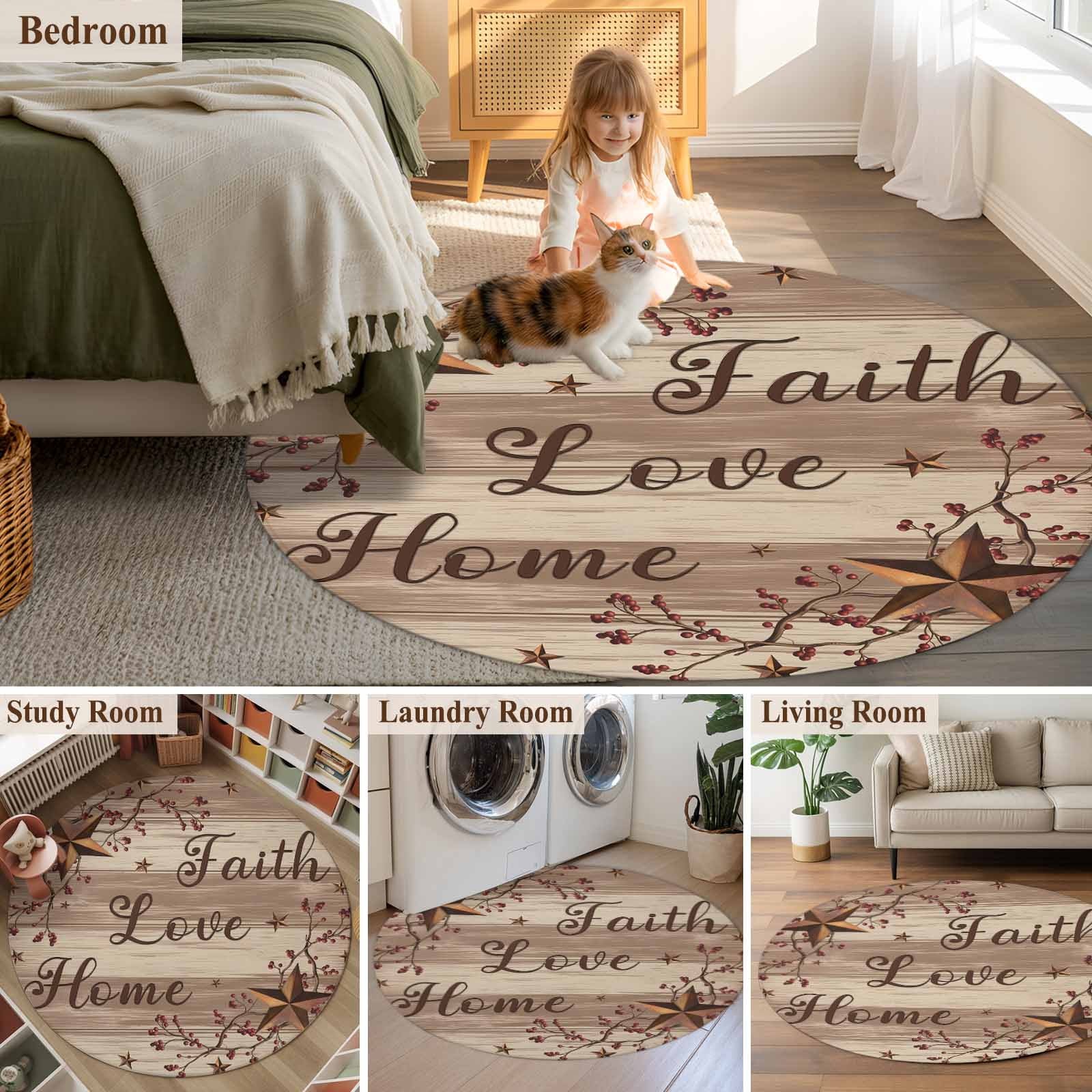 Round Rugs 3 Ft, Texas Stars Vintage Non Slip Area Rugs for Kitchen Bedroom Entryway, Brown Beige Washable Carpet Runner Rug Floor Mats for Bedroom Home Decor Retro Branches Berry