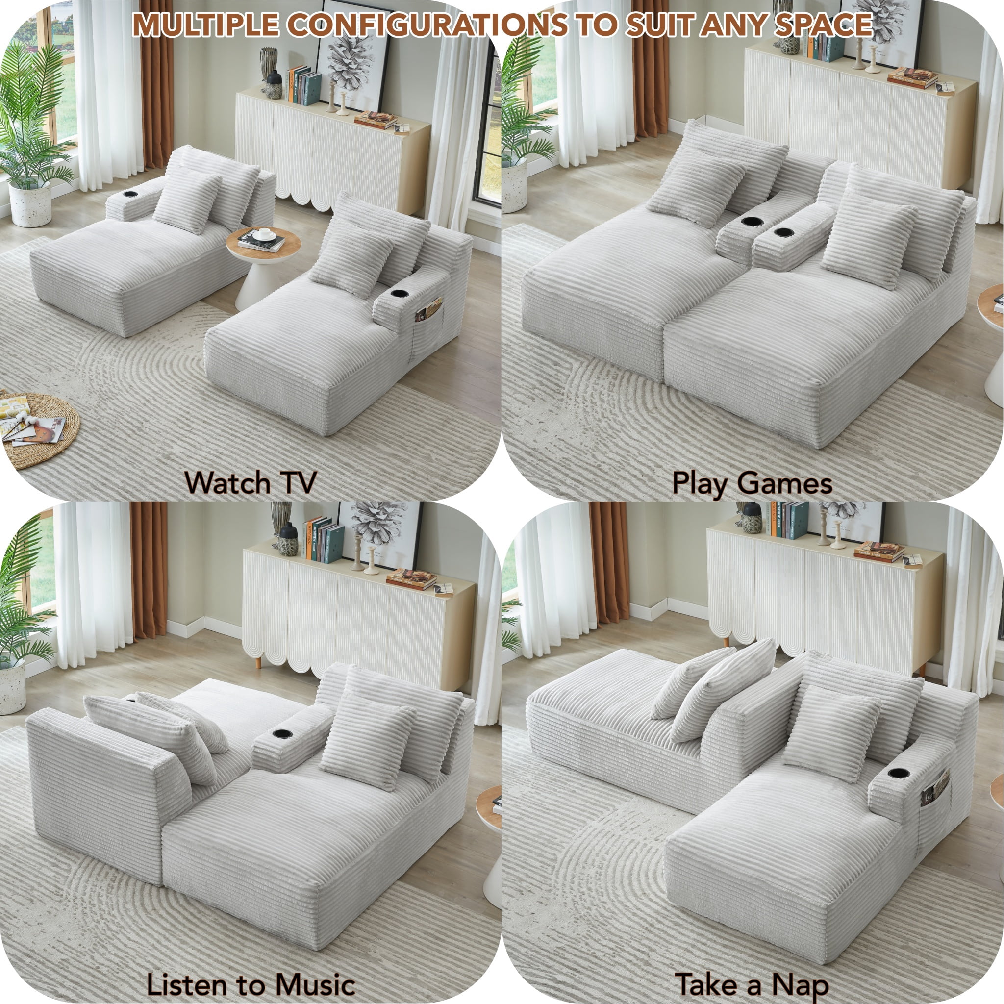 Modular Double Chaise Lounge Chair Indoor, 71" Wide Striped Corduroy Couch Set with Cup Holders & Storage Pockets for Living Room Home Theater, Light Gray